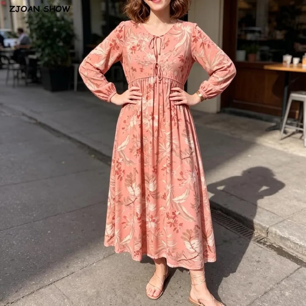 BOHO Women Leaves Floral Bow Lacing up Collar Midi Straight Dress Ethnic Viscose Cotton Long Sleeve Dresses Robe Holiday Summer