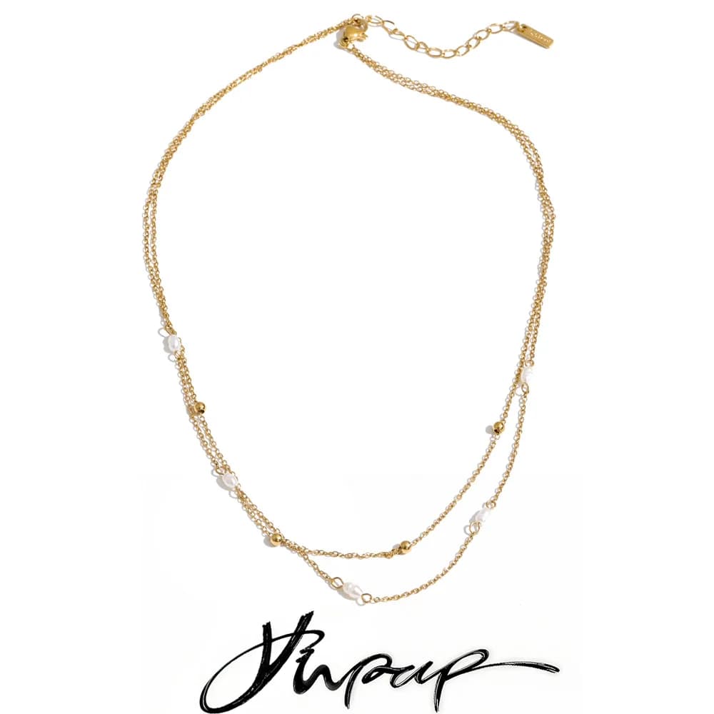Yhpup Stainless Steel Double-Layer Natural Pearl Chain Necklace Tarnish Resistant Fashion Summer Jewelry Recommend