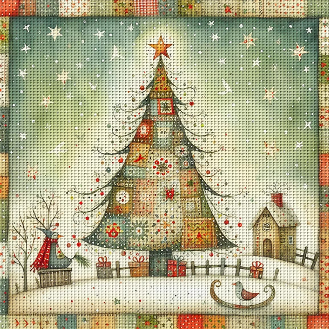 Kit Punto Croce Patchwork Albero 1 Pezzo Fai da Te 11CT Ricamo Decorazione Murale Casa Regalo Materiale Fatto a Mano Senza Cornice Semilavorato 46×46cm
