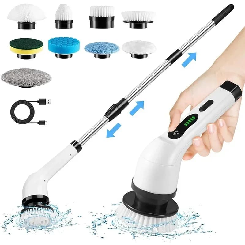 Spazzola Elettrica 9-in-1 per Pulizia Bagno, Scrubber Rotante Senza Fili per Casa, Cucina e WC - Manico Resistente e Setole Morbide