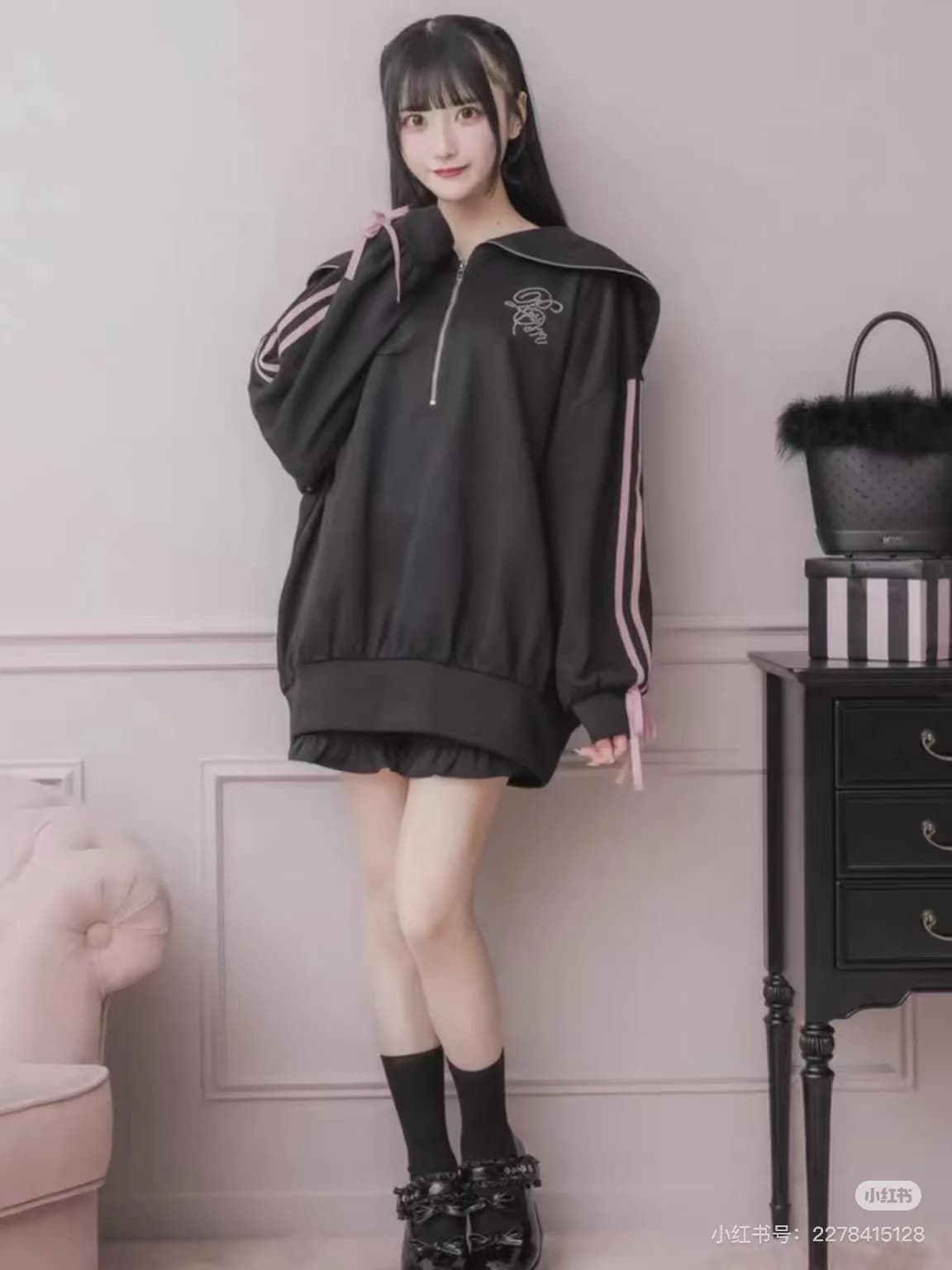 Pendolare colletto blu scuro manica lunga strass felpe nere giacca invernale dolce cerniera allentata felpe con fiocco a righe cappotti da donna