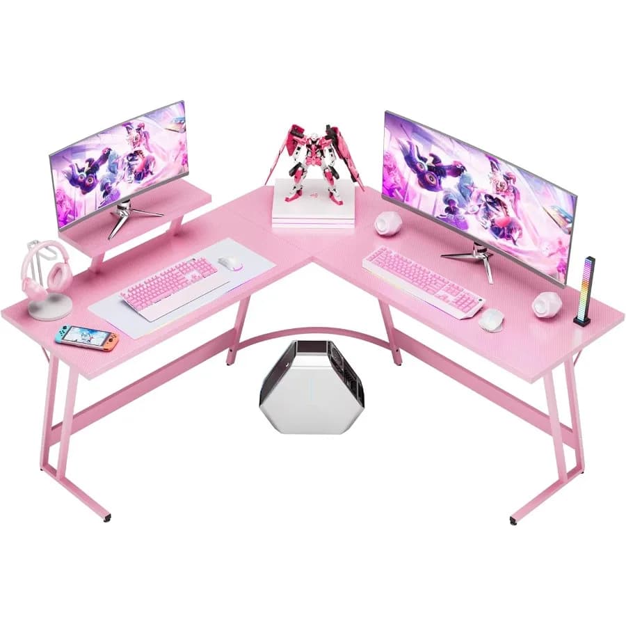 Pink L Shaped Gaming Desk with Large Monitor Stand for Home Office Study and Writing Workstation Spacious Corner Computer Table