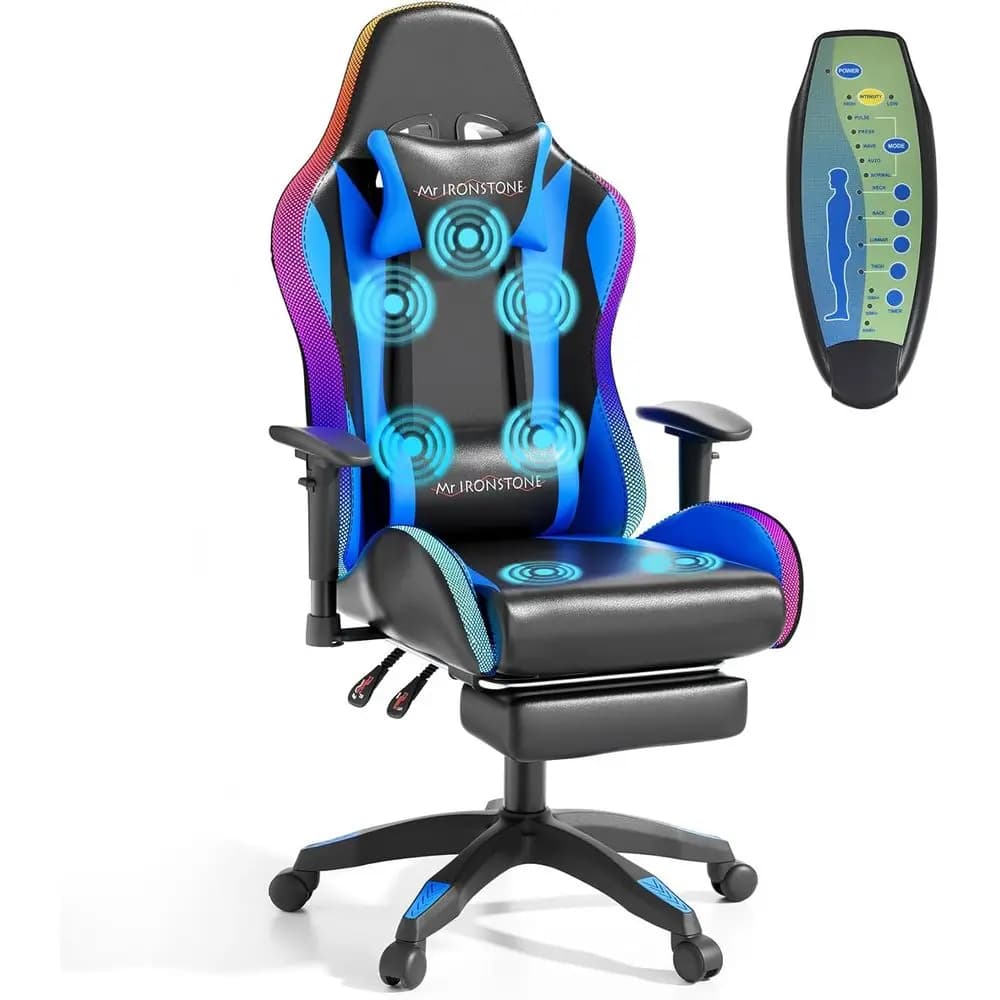 Sedia da Gaming Ergonomica con Massaggio a 7 Punti, Poggiapiedi, Supporto Lombare, Altezza Regolabile, 176 ° Recline, Blu