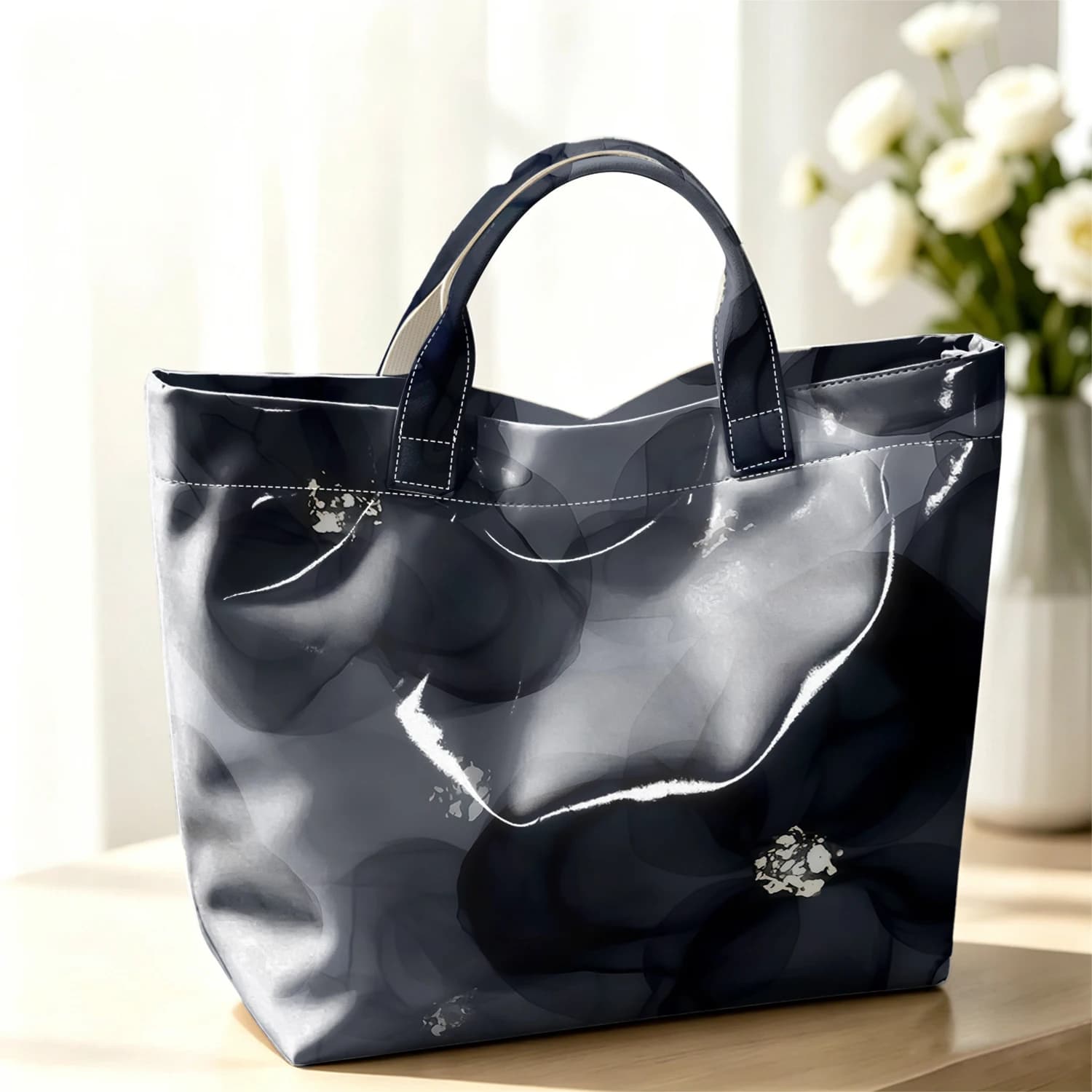 Ink Floral & Gold Cute Large Glossy PVC Tote Bag Hand Washable Lightweight Soft Great for Travel Commute Makeup Storage Handbags