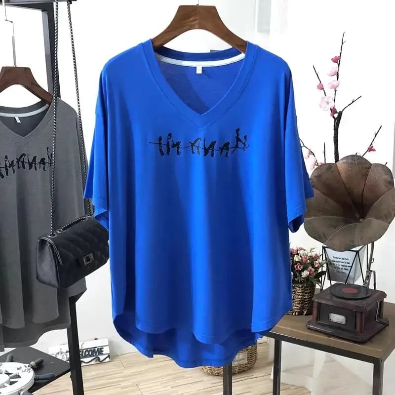 Estate nuova sottile seta del ghiaccio scollo a V stampa allentata lettera strada top casual tinta unita moda allentata magliette harajuku tendenza abbigliamento donna