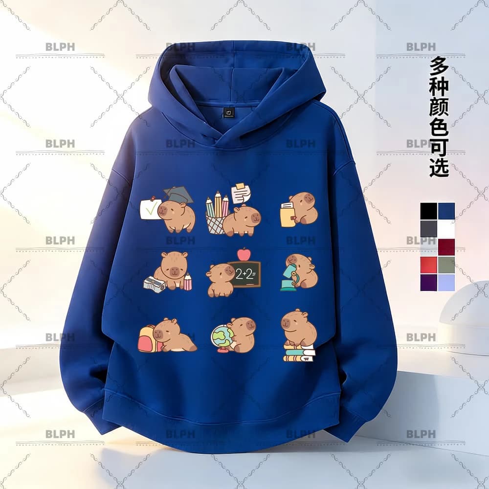 Felpa con Cappuccio per Bambini Capybara School Study, Felpa con Stampa di Libri e Globo per Ragazzi e Ragazze 2-14 Anni, Abbigliamento Casual
