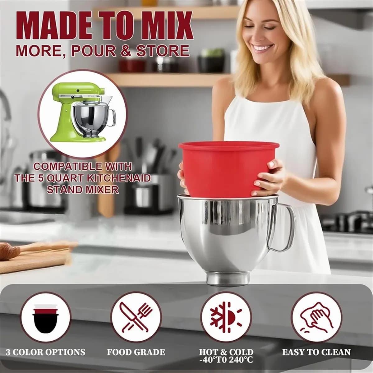 Rivestimenti in silicone per ciotole per mixer KitchenAid Tilt-Head da 5 QT, rivestimenti con coperchi, accessori per frullatori da cucina
