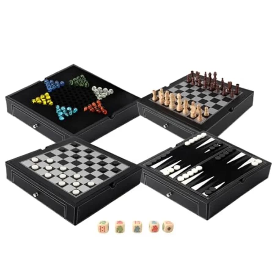 Set da Gioco 5-in-1 in Pelle Premium 12.5: Scacchi, Dama, Backgammon, Dama Cinese, Poker con Dadi per Adulti, Marrone, Du