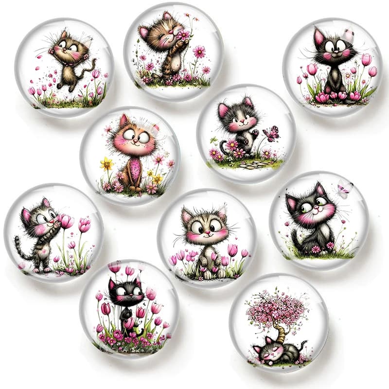 Cabochon in vetro con motivo Gatto, Farfalla e Fiore Primaverile, 12/18/20/25mm, per la creazione di bracciali, ciondoli, anelli, orecchini e componenti per gioielli