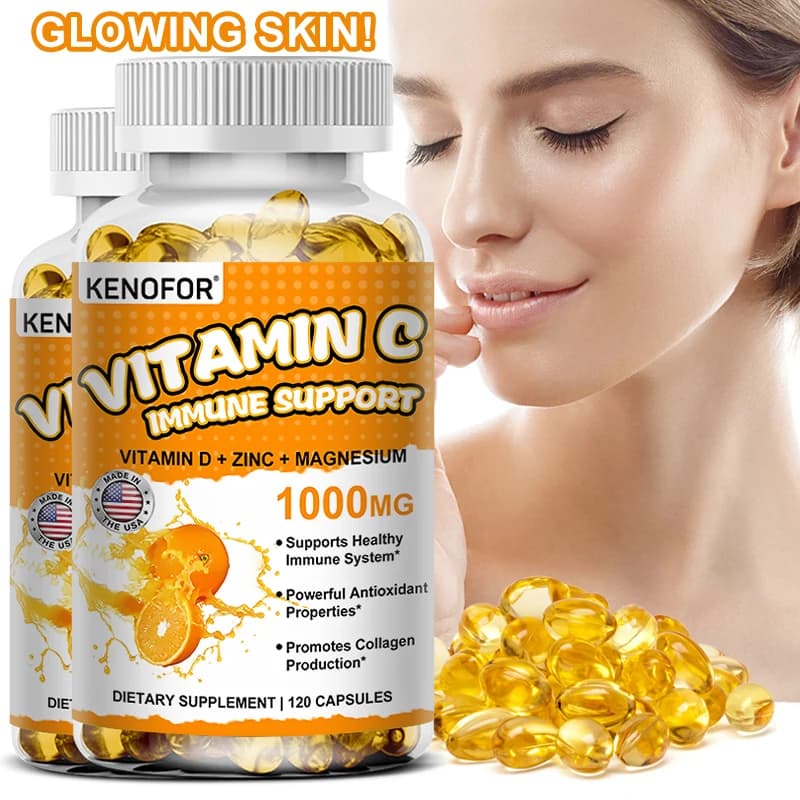 Capsule di vitamina C, antiossidante, supporto per il sistema immunitario, produzione di energia cellulare, illuminamento della pelle e sintesi del collagene