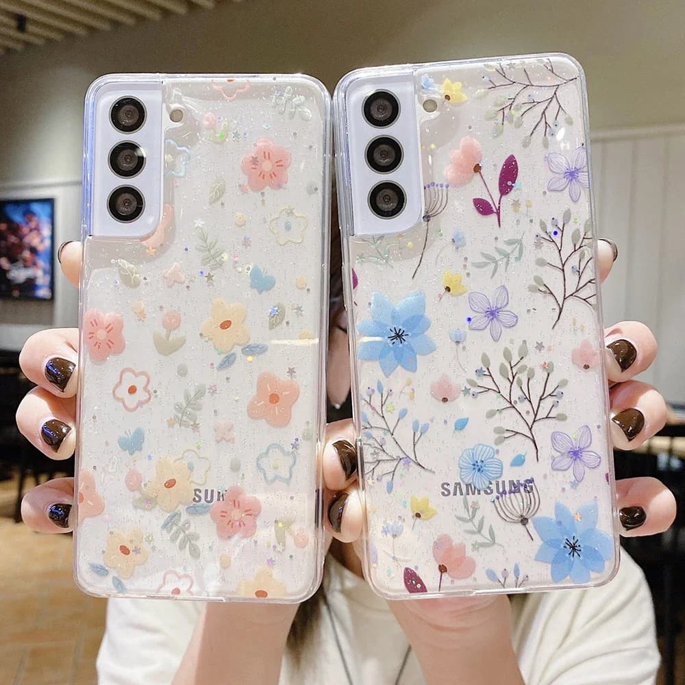Cover in resina epossidica con fiori veri e glitter antigraffio per Samsung Galaxy S26 S25 S24 S23 S22 S21 FE S20 Ultra Plus A54 A53 A73
