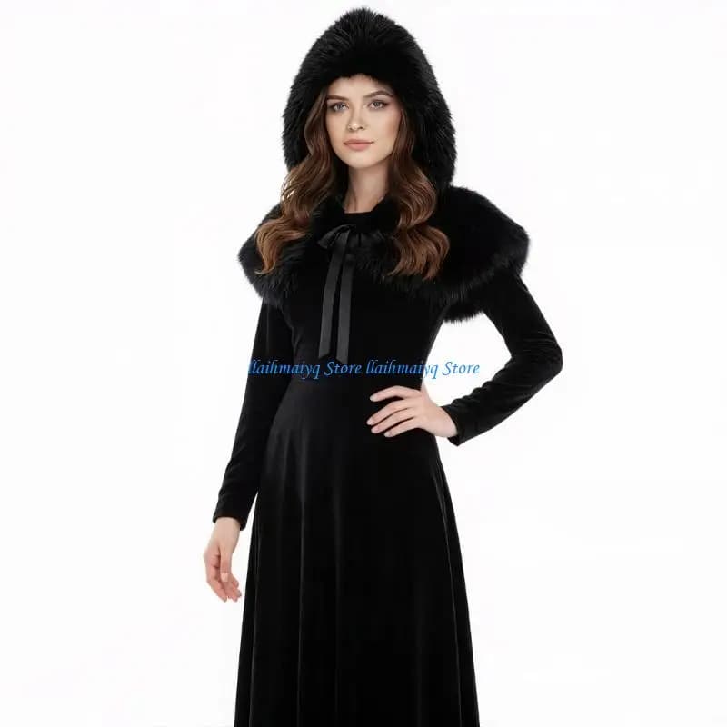 573B Sciarpa scialle in finto peluche acrilico caldo elegante con cappuccio regolabile per feste in costume alla