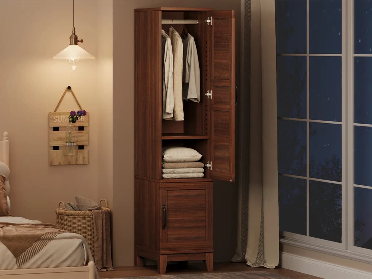 Wood Wardrobe Closet – 72" Tall, 18 Adjustable Shelves | Heavy-Duty MDF, 21" Deep, Hanging Rod, Silent Hinges, Anti-Tip Kit, Easy Assembly, Slim Bedroom Clothes Organizer