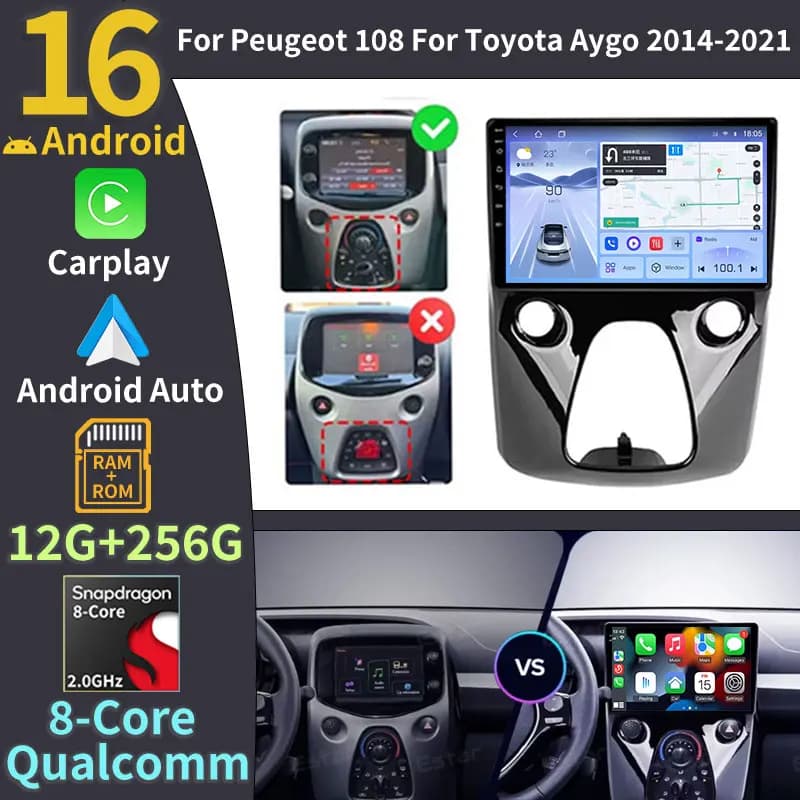 Android 16 Car Radio For Peugeot 108 Citroen C1 Toyota Aygo B40 2014 - 2021 Wireless Carplay Auto DSP GPS Multimedia Player Navi