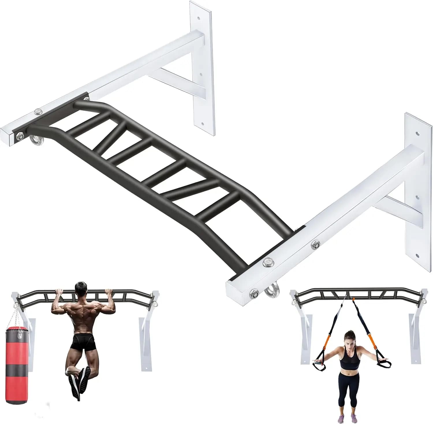 Wall-mounted traction bar, durable multi-handle bar with 14 grip positions, space saving home gym equipment - Ideal for garage, outdoor