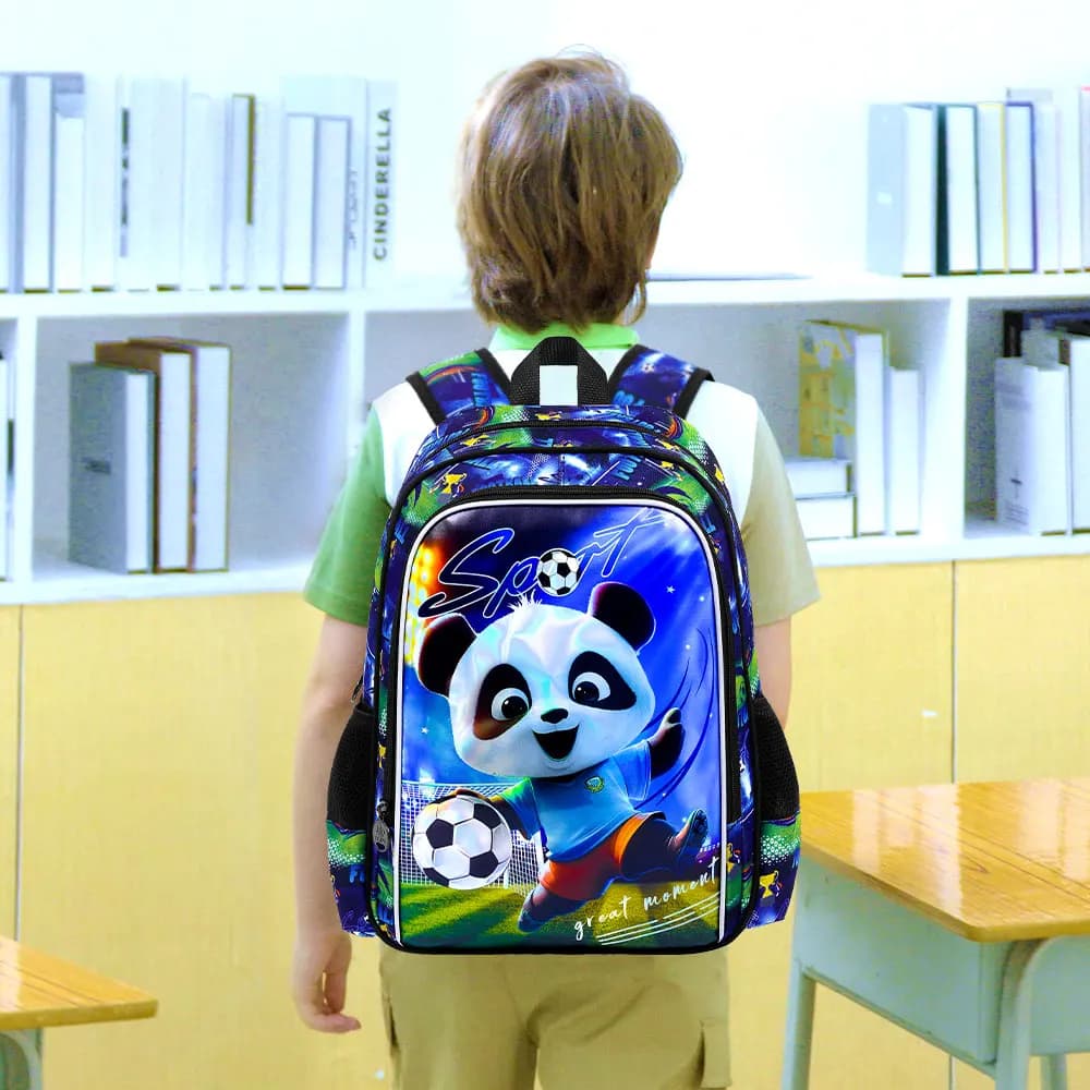 3Pcs 16" Kids Backpack Set, Cute Football Panda School Bag with Lunch Bag & Pencil Pouch, Boys Lightweight Elementary Bookbag