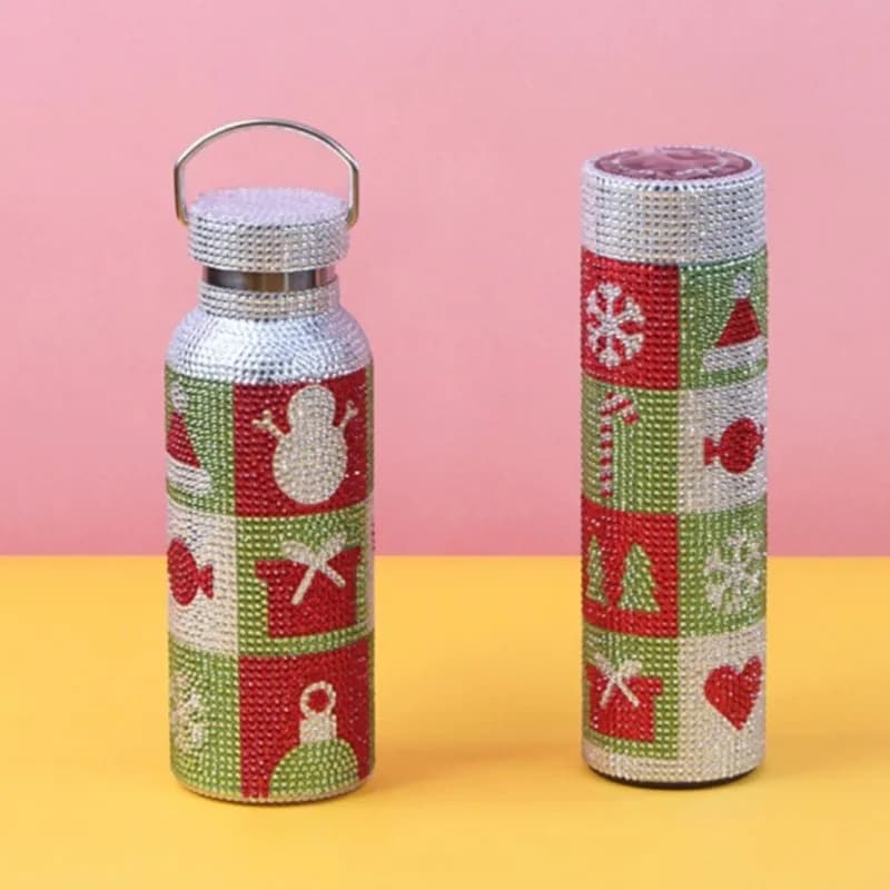 Bicchiere con termometro digitale Icona natalizia Tazza con impugnatura con strass Thermos ceco Hot-Fix Bicchieri sottovuoto in acciaio inossidabile con glitter