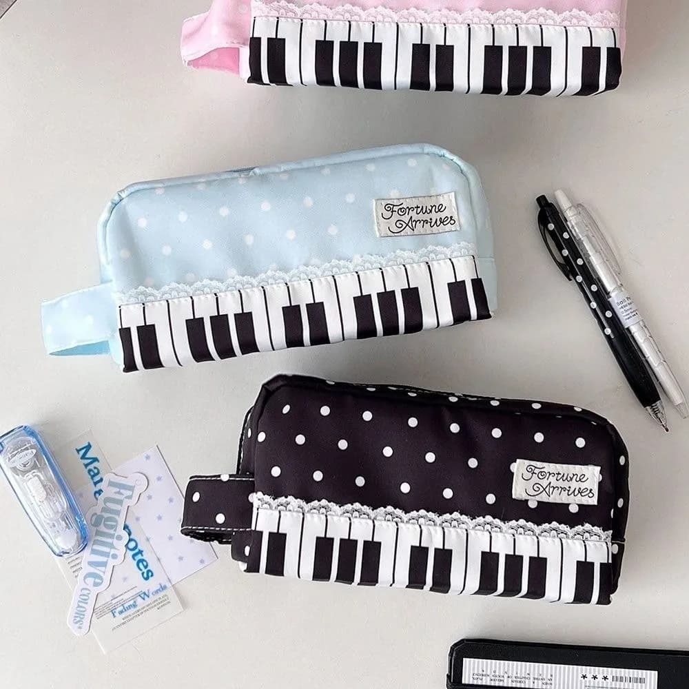Portable Polka Dot Piano Key Print Pencil Case With Handle Large Capacity Pencil Pouch Stationery Organizer Students
