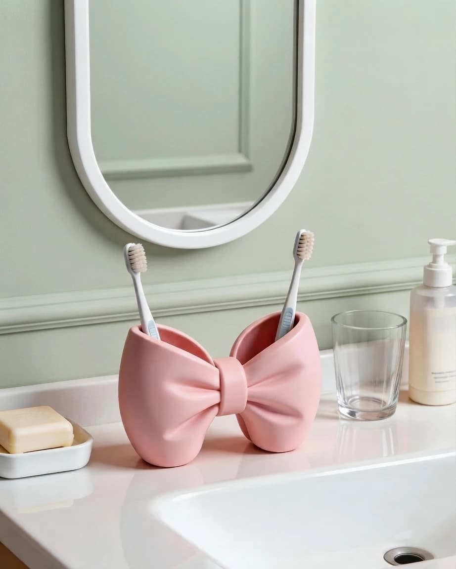 Bow Toothbrush Holder Cute Bathroom Accessories Set with Dual-Compartment Design, Makeup Brushes Holder