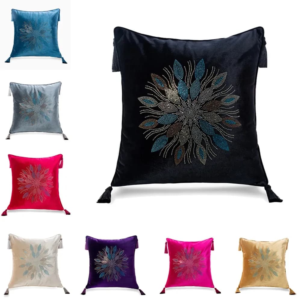 Luxury European Velvet Hot Drilling Flower Tassel Sofa Cushion Cover Home Hotel Decoration Bedroom Pillowcase