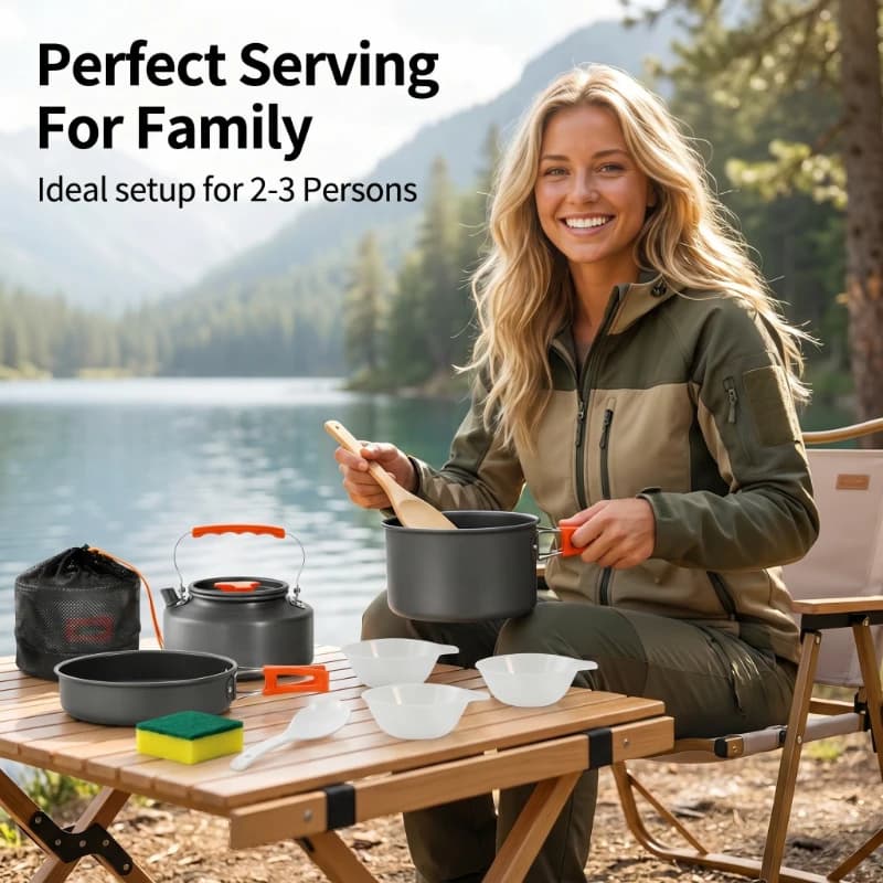Set di pentole e bollitore da campeggio in alluminio ultraleggero portatile da 10 pezzi con borsa per il trasporto, ideale per escursioni e backpacking.