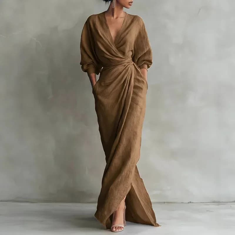 Women's long dress with V-neck and wrapped waist, spring 2026, casual, solid color, slim fit, elegant, long sleeves, with slit, maxi dress adhering on the sides