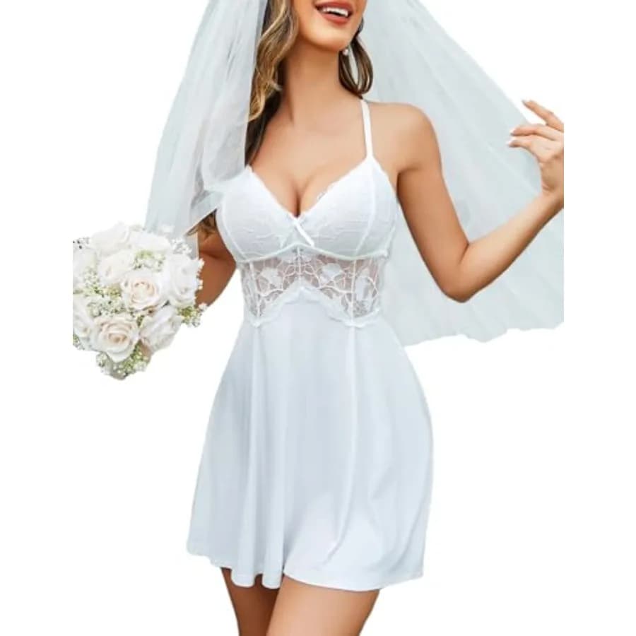 Sexy Modal V Neck Lace Babydoll Lingerie Dress Set with Thong 2 Pcs