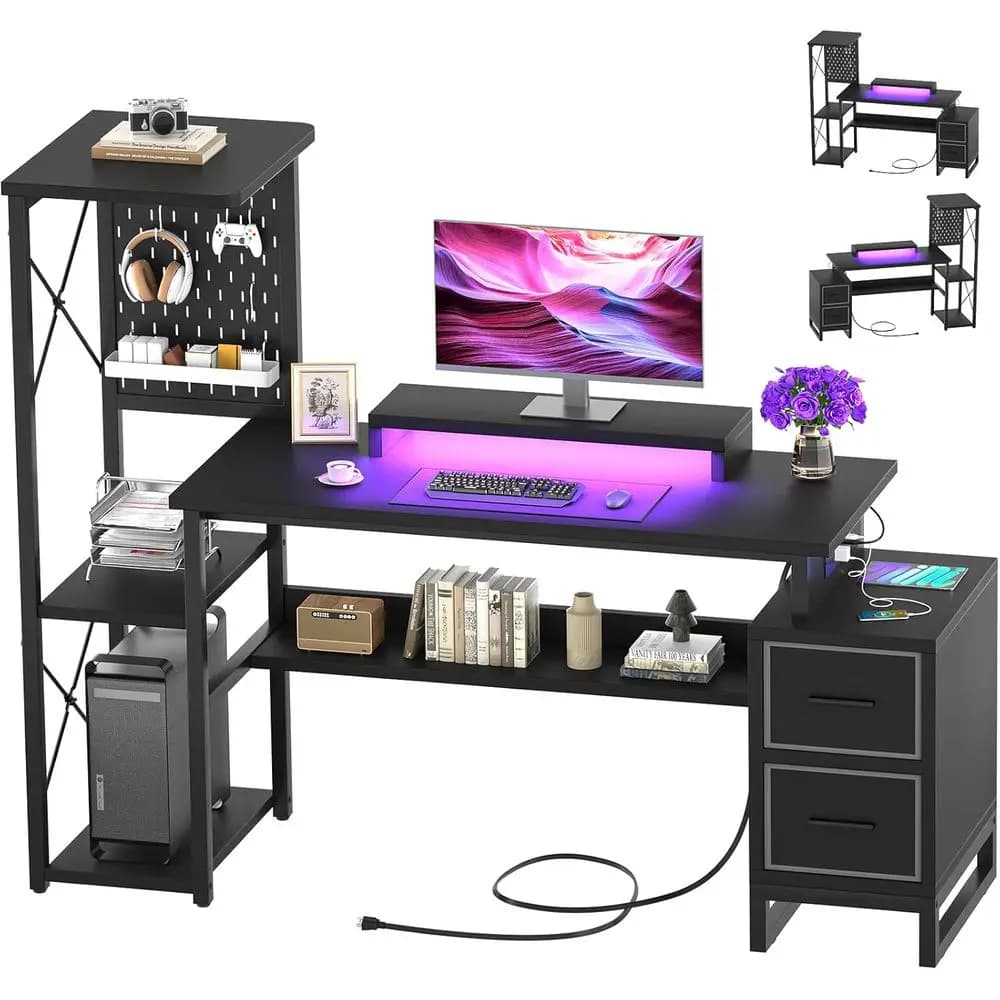 Reversible Fabric Dual-Desk with Power Outlet, LED Lights, Monitor Stand, Storage Shelves, and Pegboard, 53 Black Gaming Study T