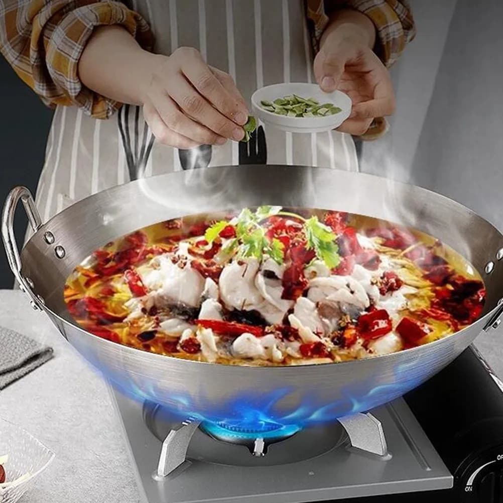 1 Pezzo Wok Premium in Acciaio Inossidabile con Doppio Manico, Bordi Lisci Senza Sbavature, Sicuro per la Cucina Familiare, Padella per Saltare in Padella, Forniture da Cucina