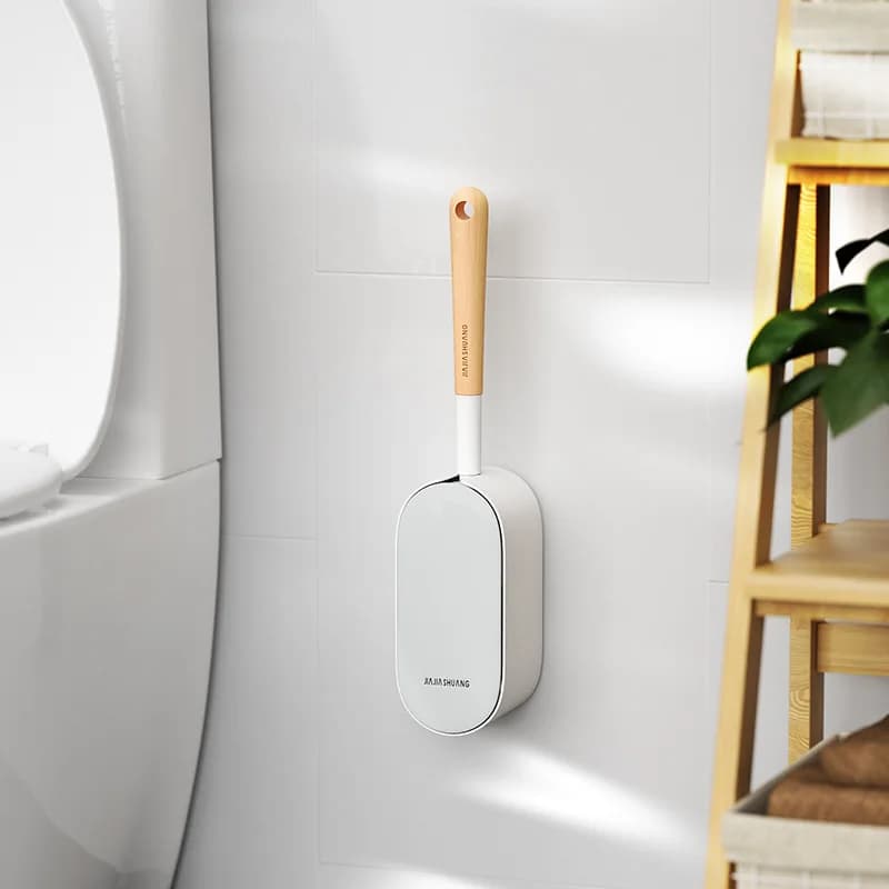 WIKHOSTAR scopino per wc con supporto Design curvo spazzola per la pulizia angolata manico in legno, scopino per wc a parete strumenti per il bagno