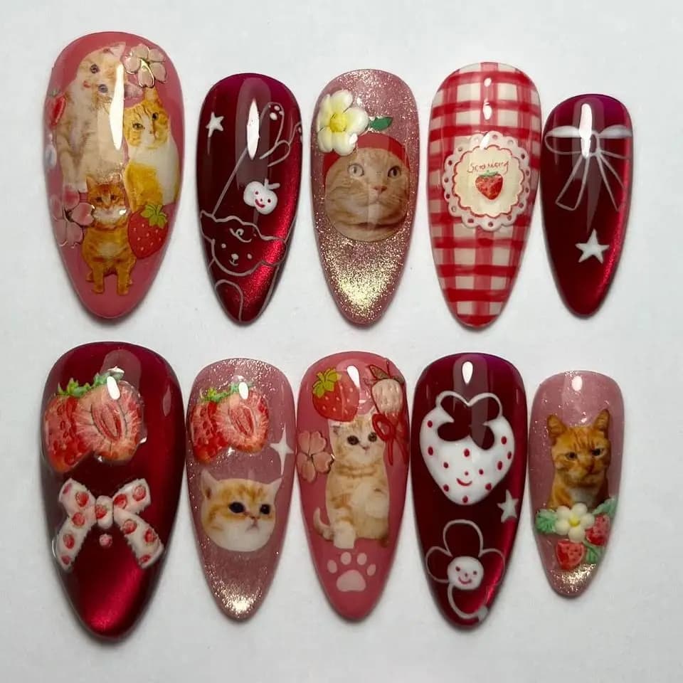 24 pieces strawberry cat eye print on nails vintage japanese style almond fake nails cute cat flakes plaid printed tips for fake nails