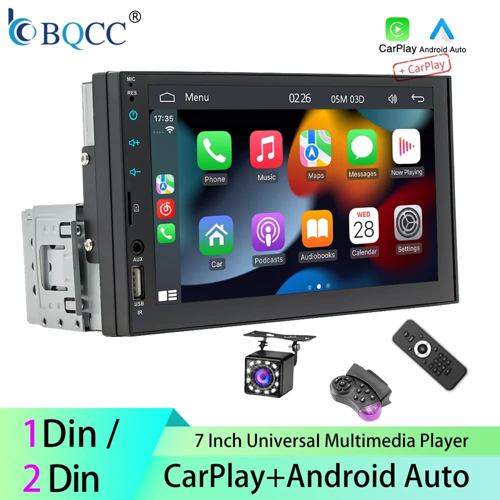 BQCC 7 pollici 1Din 2Din Autoradio Carplay Android Auto Lettore multimediale HD Touch Screen FM AUX BT MirrorLink Audio universale per auto