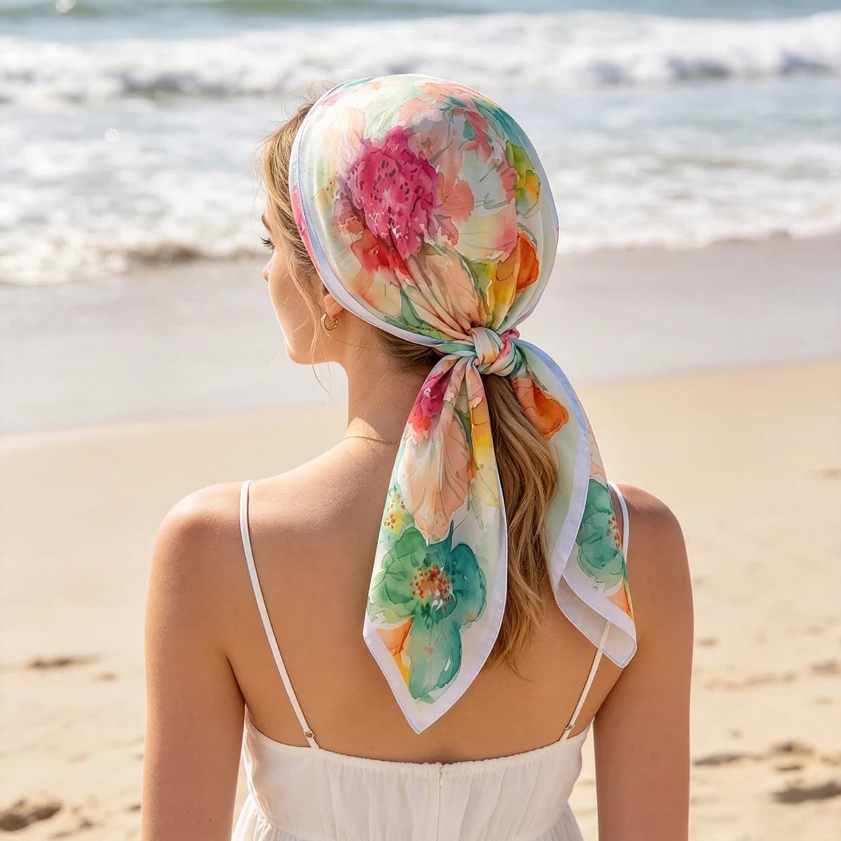 Fashion Luxury Square Scarf for Women Floral Printed Bandanas Stylish Hijab Neckerchief Beach Shawl Wrap Accessory