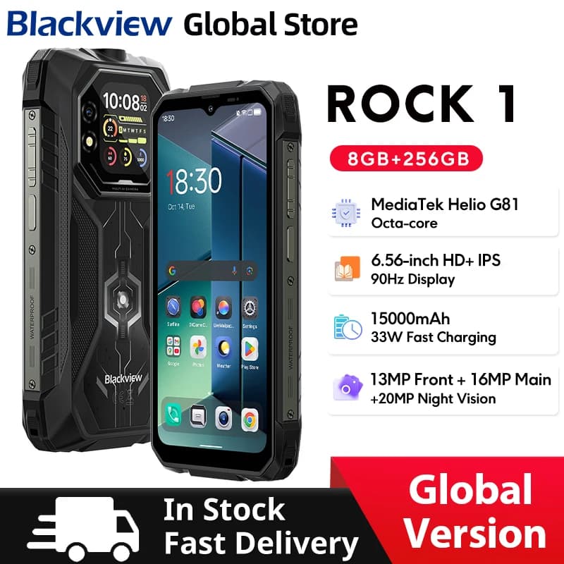Blackview ROCK 1 Smartphone Rugged con AI, Display da 6,56 Pollici 90Hz, 256GB, MediaTek Helio G81, Android 16, NFC, Torcia, Batteria da 15000mAh