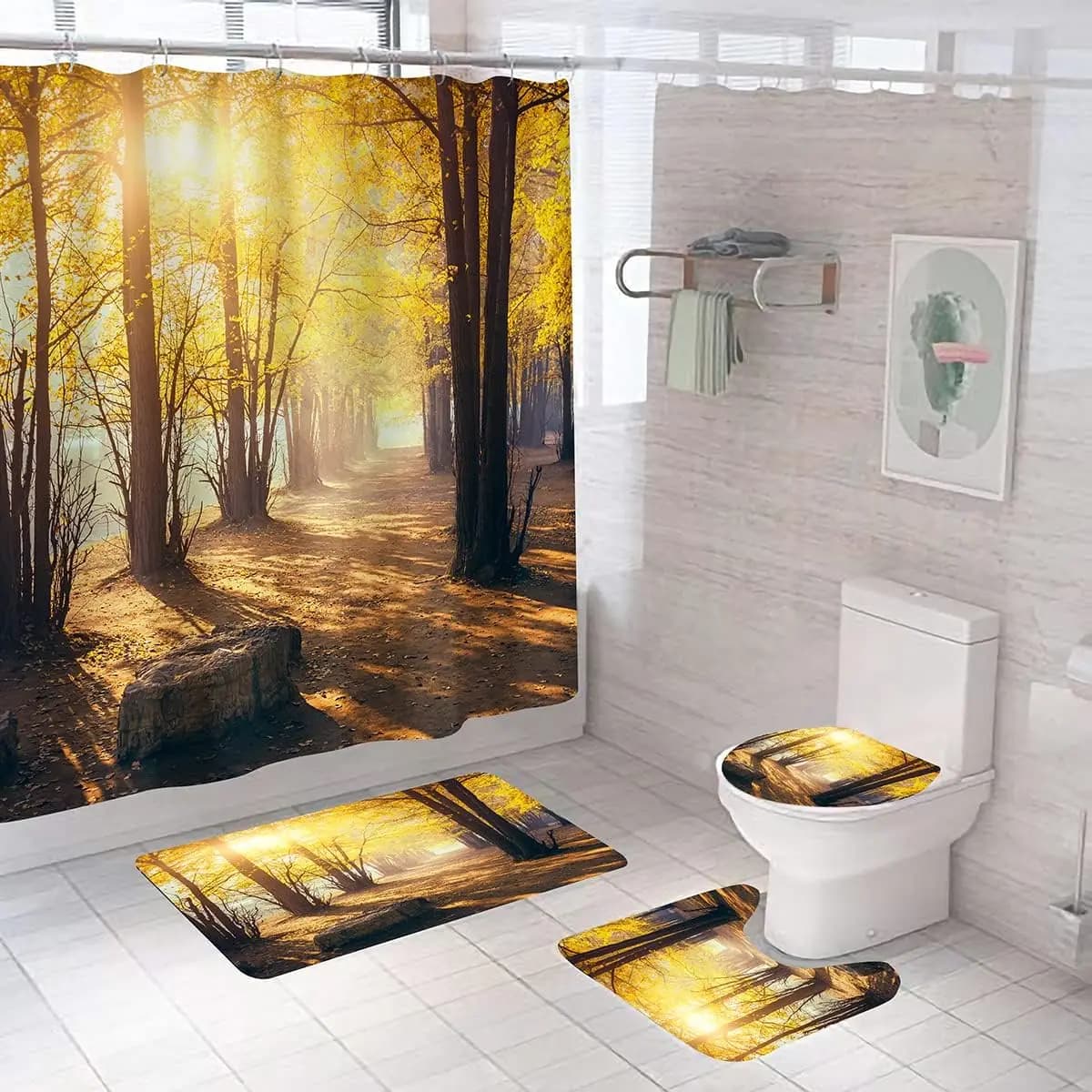 Nature Forest Shower Curtain Set Waterproof Tropical Bathroom Decoration Curtain Mat Polyester Home Decor