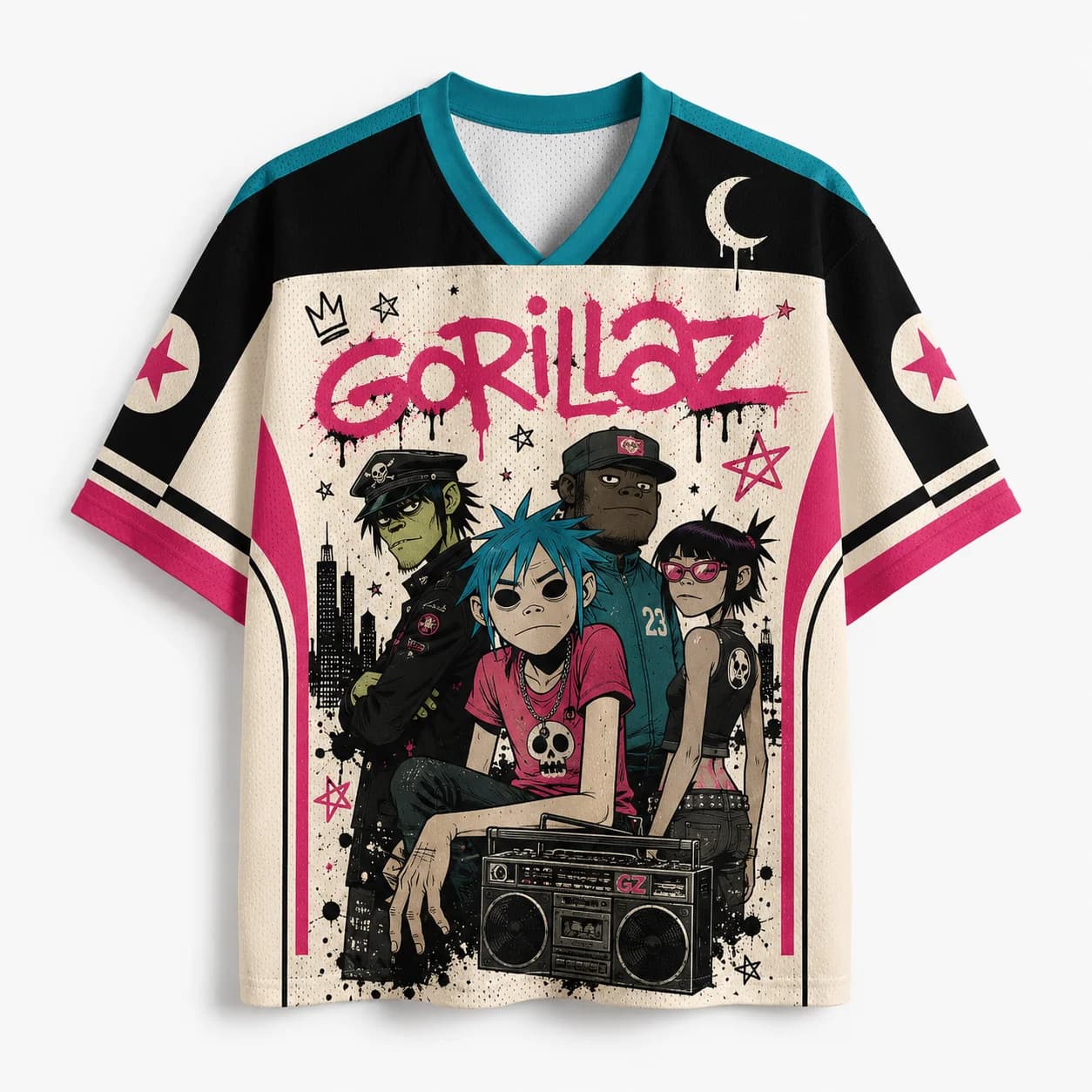 Cartoon Punk Band Graphic Football Jersey, V Neck Short Sleeve Y2K Streetwear Top, Graffiti Art Music Festival Outfit