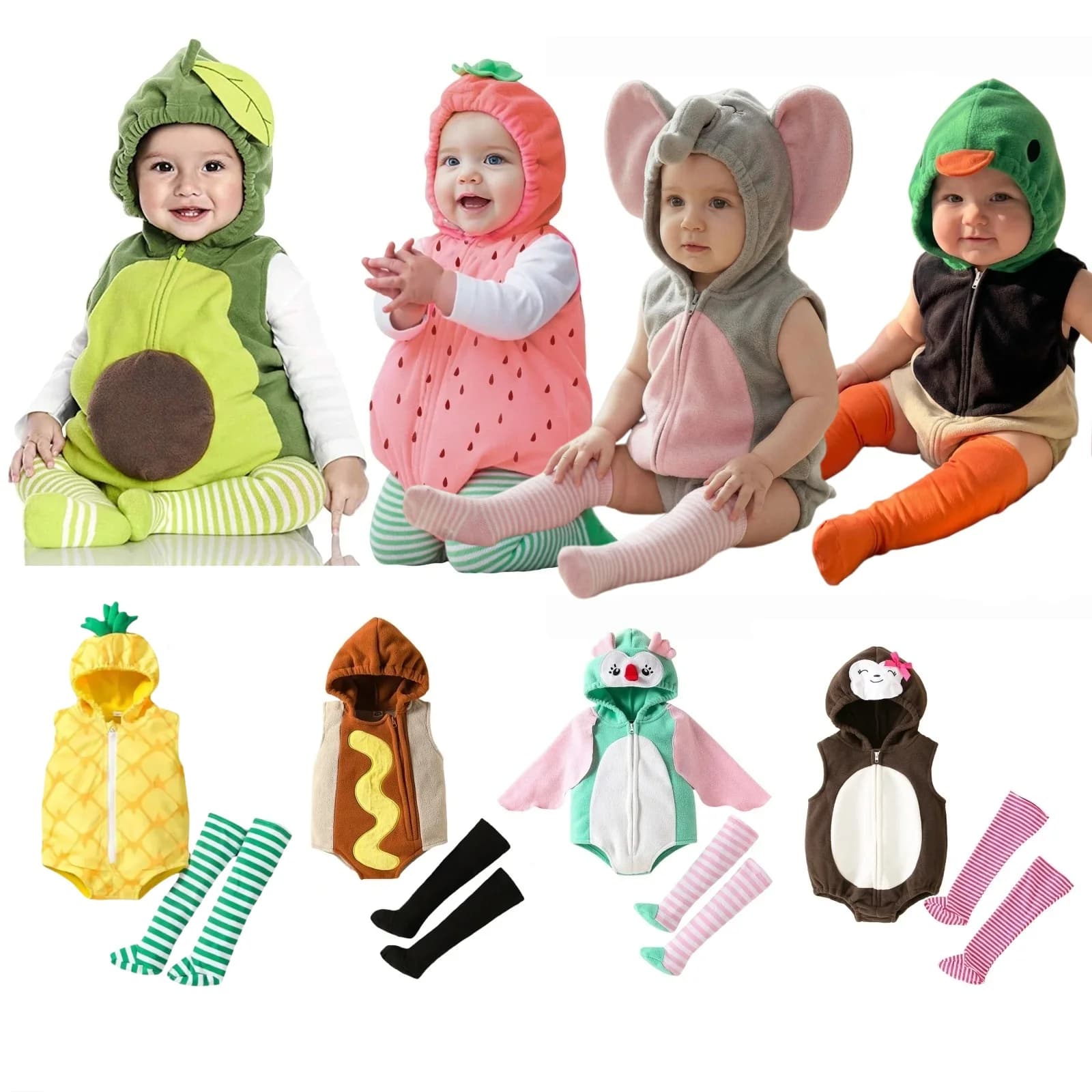 Nuovo designer di abbigliamento da cartone animato con cerniera, pagliaccetto con cappuccio + calze, vestiti per neonato, set casual per bambina