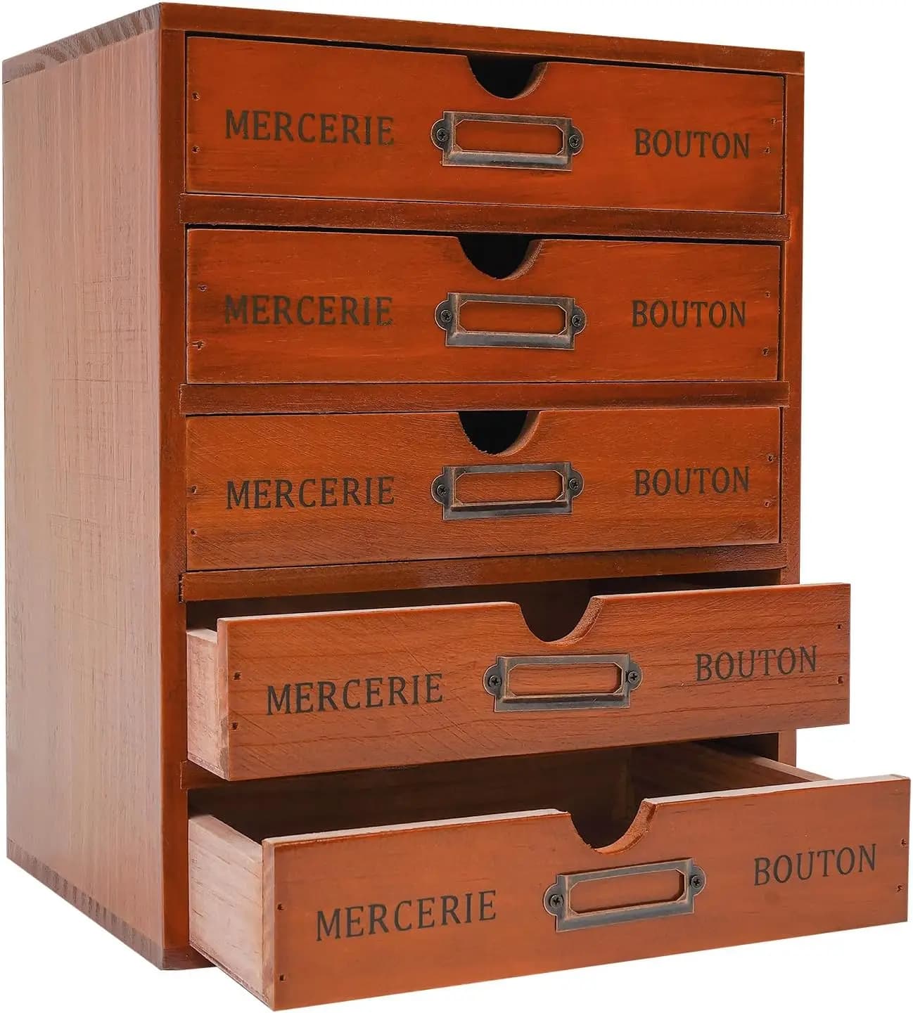 Vintage table organizer in 5 drawers with brown iron label holder to store cosmetics, books, letters, documents