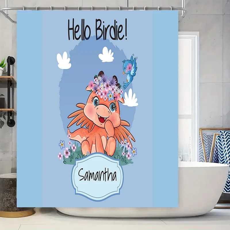 Tenda da doccia blu con design animale cartone animato Nome personalizzabile Decorazione personalizzata per bagno Id regalo decorazione Hello Birdie