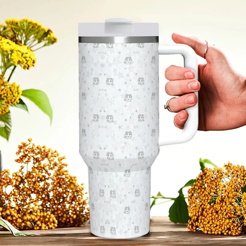 40Oz Light Tone Mini Heart Print Stainless Steel Tumbler with Handle Leakproof Vacuum Insulated Water Cup for Car Travel