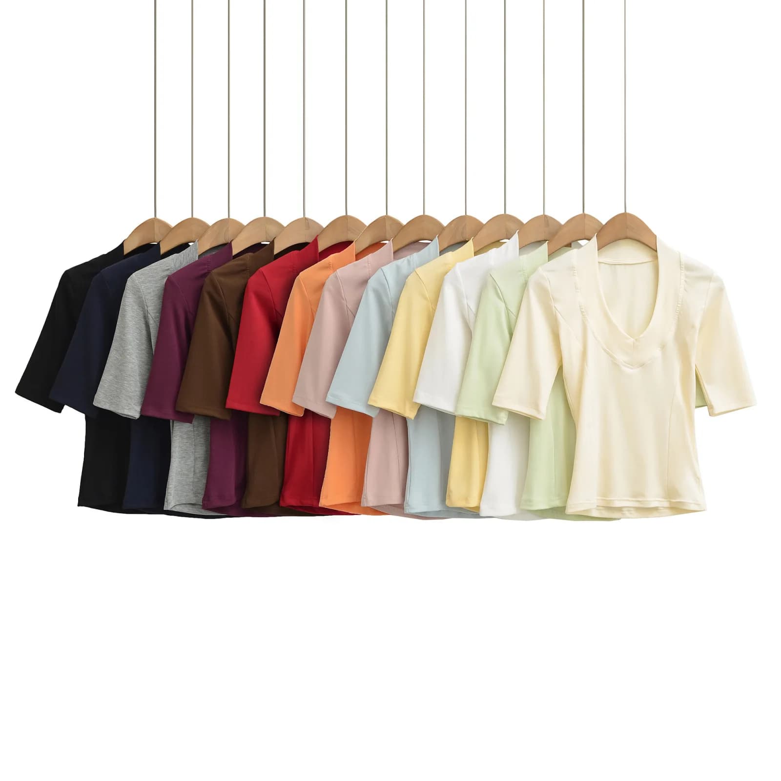 T-shirt multicolore con scollo a V e maniche a media lunghezza da donna, nuova collezione estate 2026, stile Spice Girl, top slim fit che esalta la figura