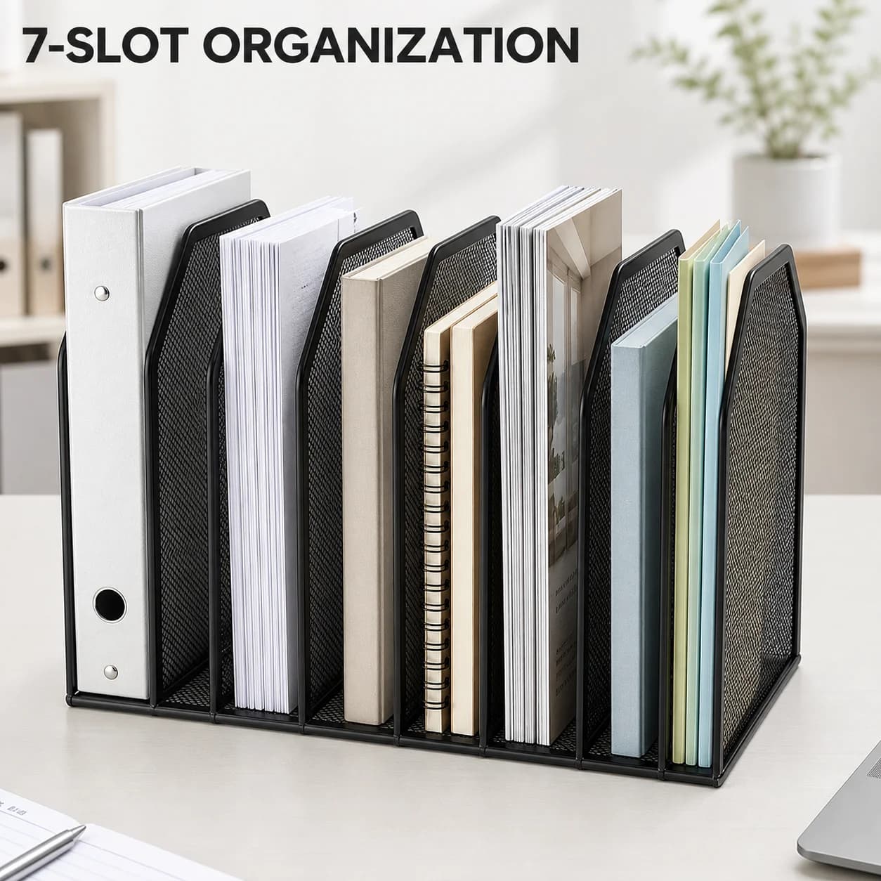 7 Slot Adjustable Metal Mesh File Organizer, Expandable Desktop Book Holder Rack for A4 Folders, Binders, Magazines and Books