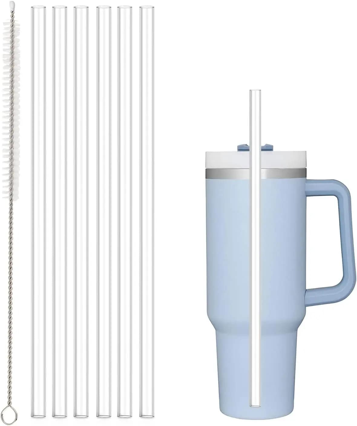 Pack of 6 reusable straws with cleaning brush, compatible with glasses of 40 oz and 30 oz, in transparent plastic