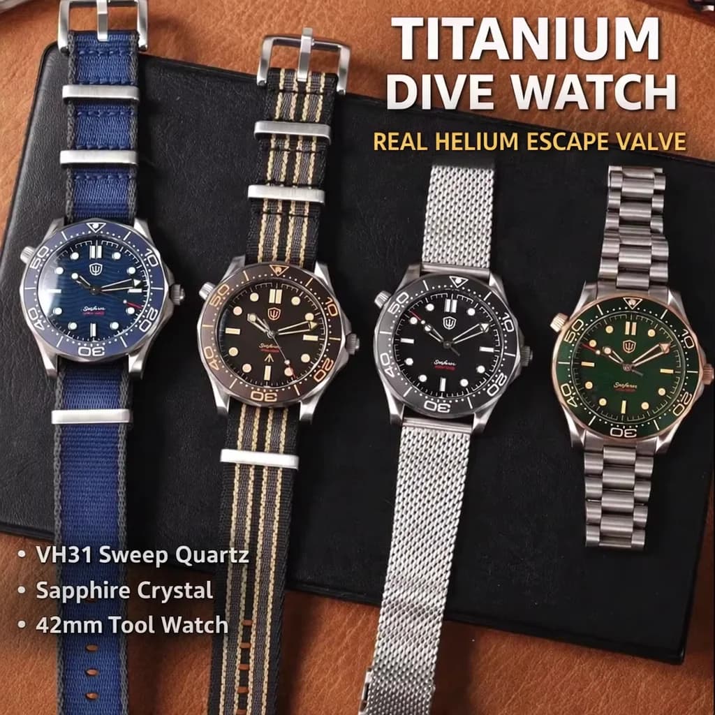 Watchdives WD007Q Titanium Diving Watch 42mm VH31 Sweep Quartz Men's Watch with Sapphire Crystal Helium Exhaust Valve 200M Waterproof Lumi
