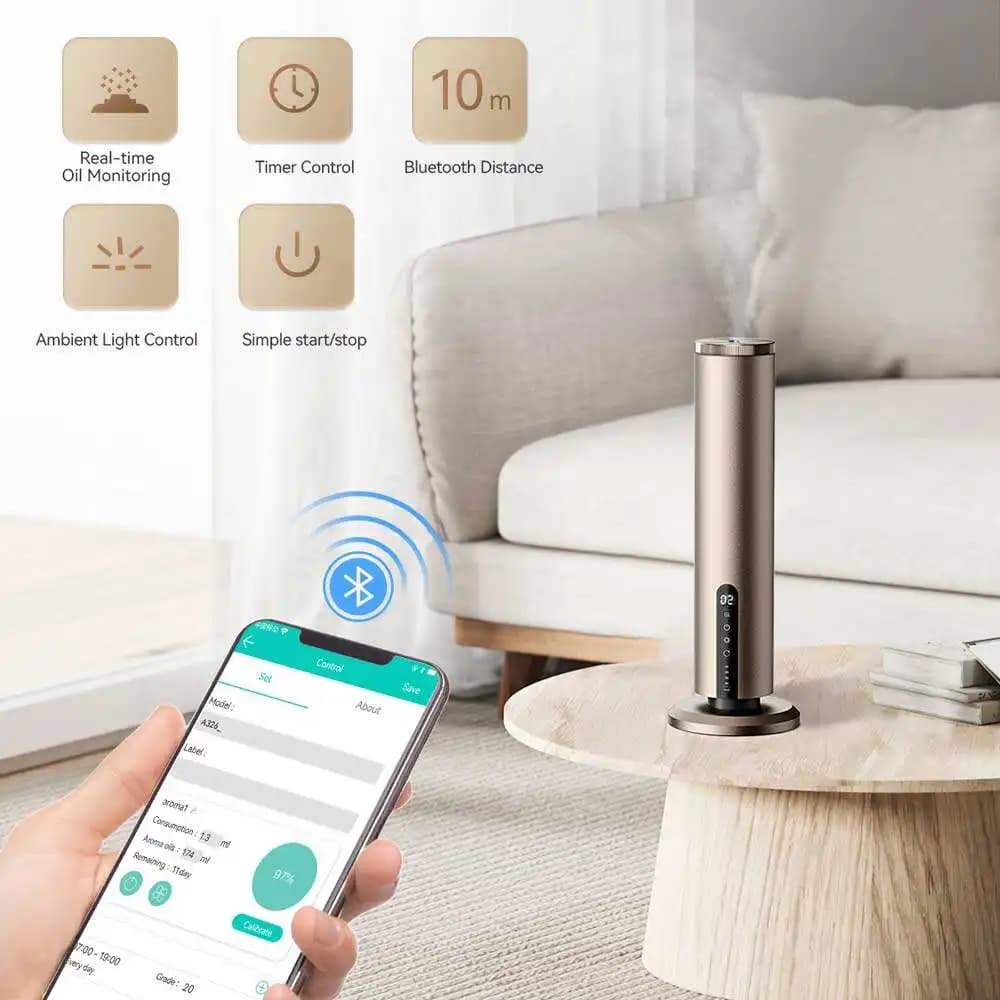 Diffusore di Aromi Senz'Acqua con Controllo App, Supporto da Tavolo a Torre, Aromaterapia, Nebulizzatore di Oli Essenziali a Nebbia Fredda