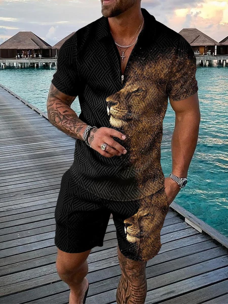Men's Polo Sets Short Sleeve Lion Beast Pattern Polo Shirt Shorts 2pcs Tracksuits Man V-neck Zipper Bussiness High-end Suit