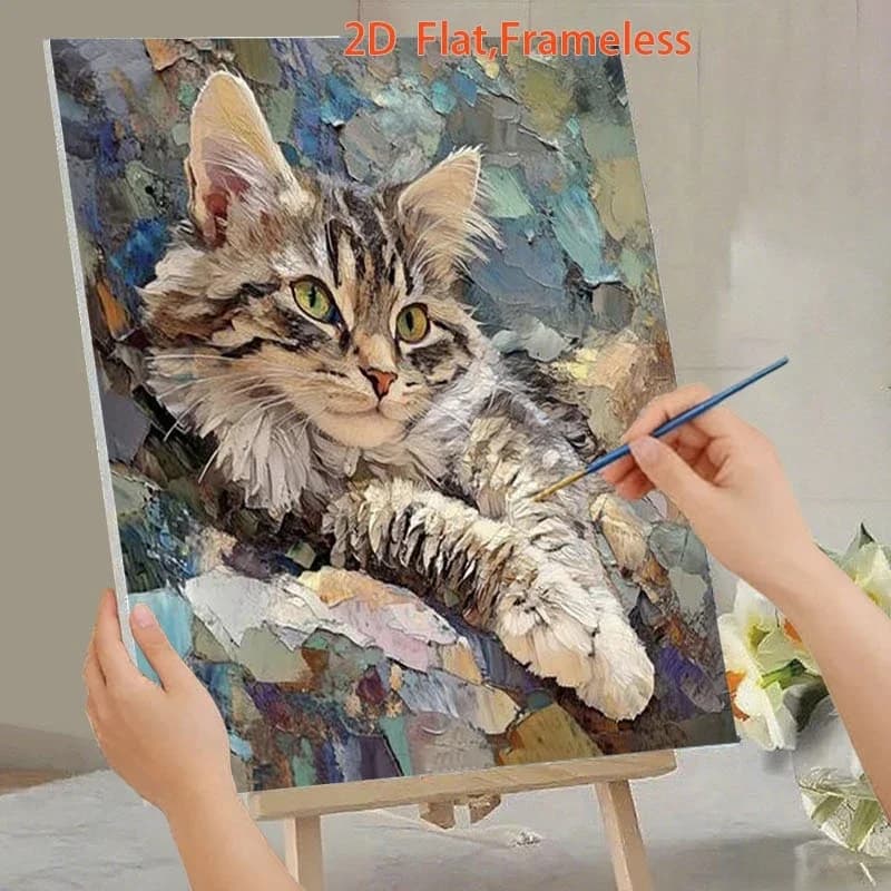 Professional Art Use, 1pc 2D Flat Unframed DIY Adult Paint by Numbers Kit: Acrylic Painting - Gray Tabby Cat with Lively Green E
