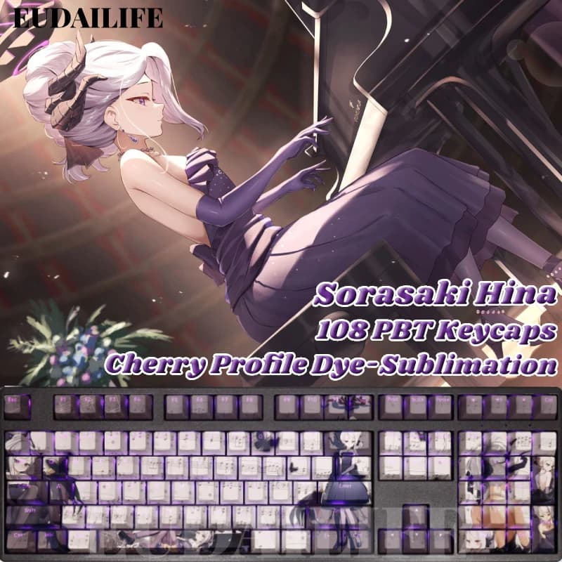 Sorasaki Hina 108 Keycap Blue Archive PBT DYE Sub Light Translating Cherry Switch Cross Key Cover for Mechanical Keyboard