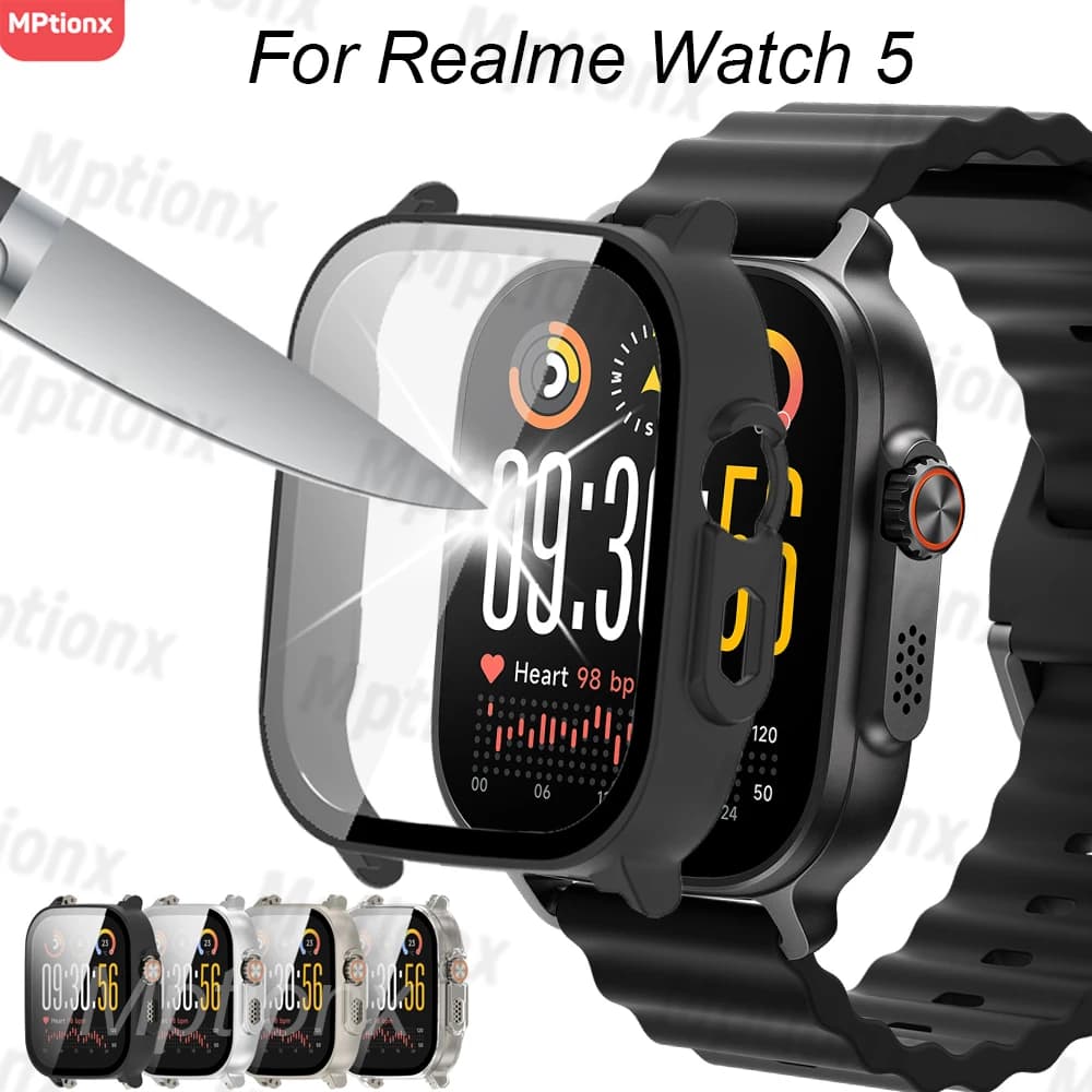 Custodia per PC + vetro per Realme Watch 5, protezione per schermo intero, pellicola antigraffio, cover protettiva per accessori Realme Watch5