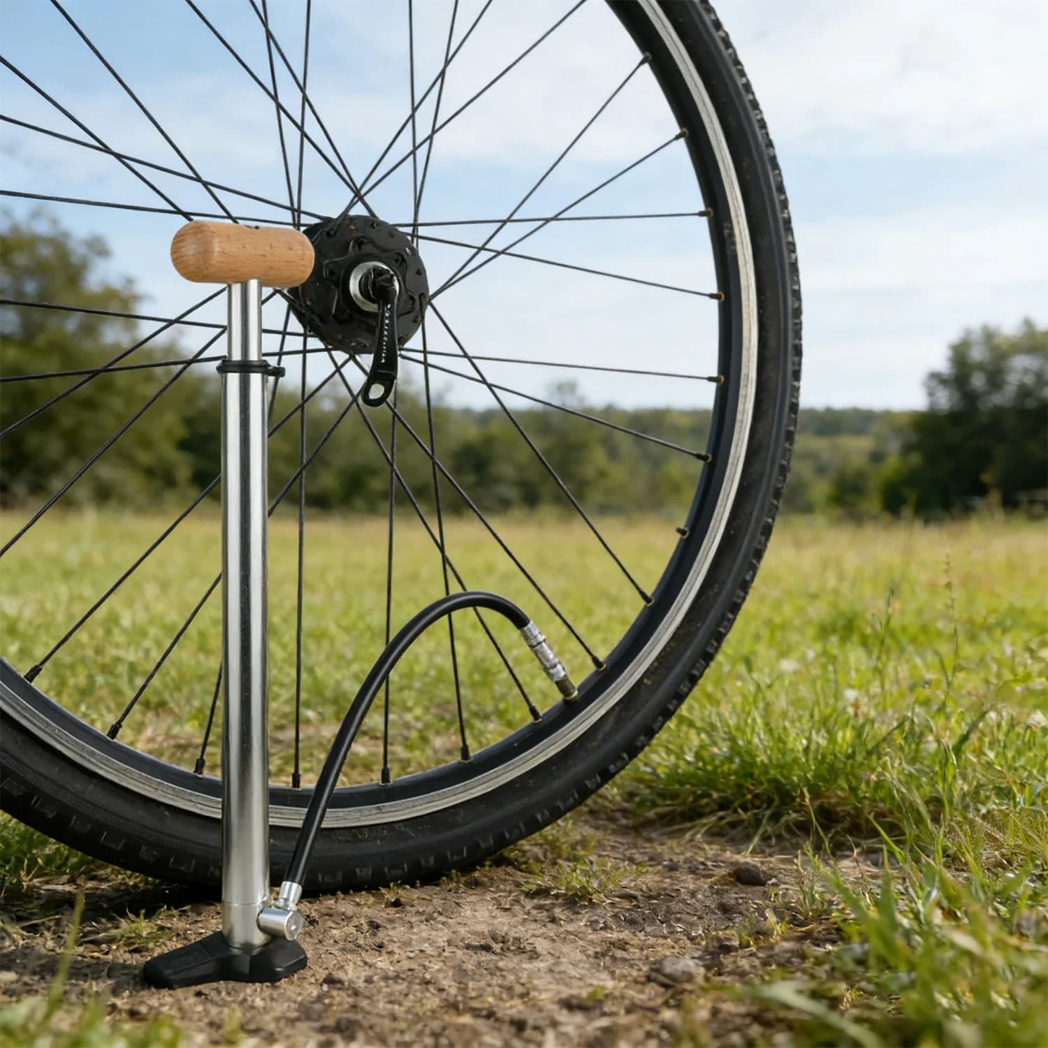 Pompa d'aria manuale per bicicletta portatile argentata in lega di alluminio 150 PSI con ugello interruttore rapido per bici da strada/mtb con manico in legno